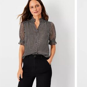 Ann Taylor Shimmer Houndstooth Ruffle Button Top